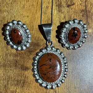 VTG Pendant Necklace Earrings Brown/Black Oval ALL Taxco Mexico 925 Silver